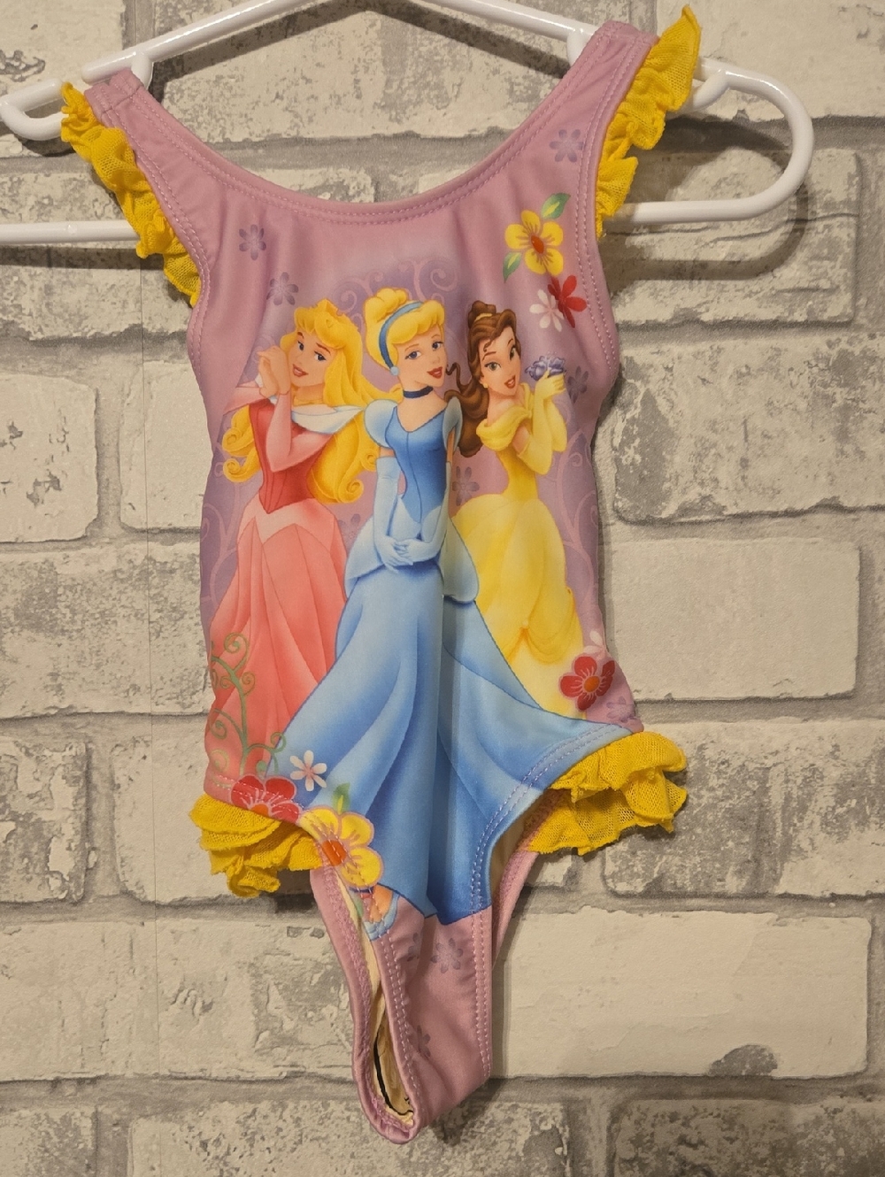 Disney Girls' Pink Princess Print One-Piece Swimwear with Yellow Ruffles